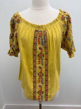 THML Mustard Yellow Embroidered Peasant Top